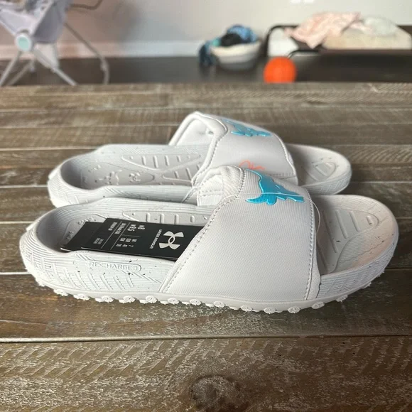 $70 Under Armour Project Rock 3 Men\'s Sz 8 Grey Blue Surf Slides Sandels Under Armour Project Rock 3 Unisex Rubber Slide - White main image 2
